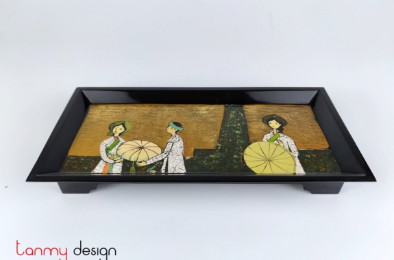 Rectangle lacquer tray hand-painted with Bac Ninh folk song girls 17*34*H4.5 cm